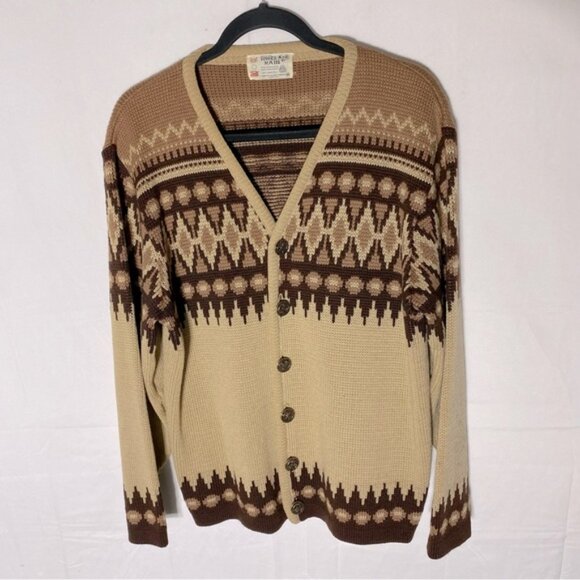 Vintage White Ram Tan Brown Fair Isle Virgin Wool Knit Button Up Cardigan M - Picture 16 of 16